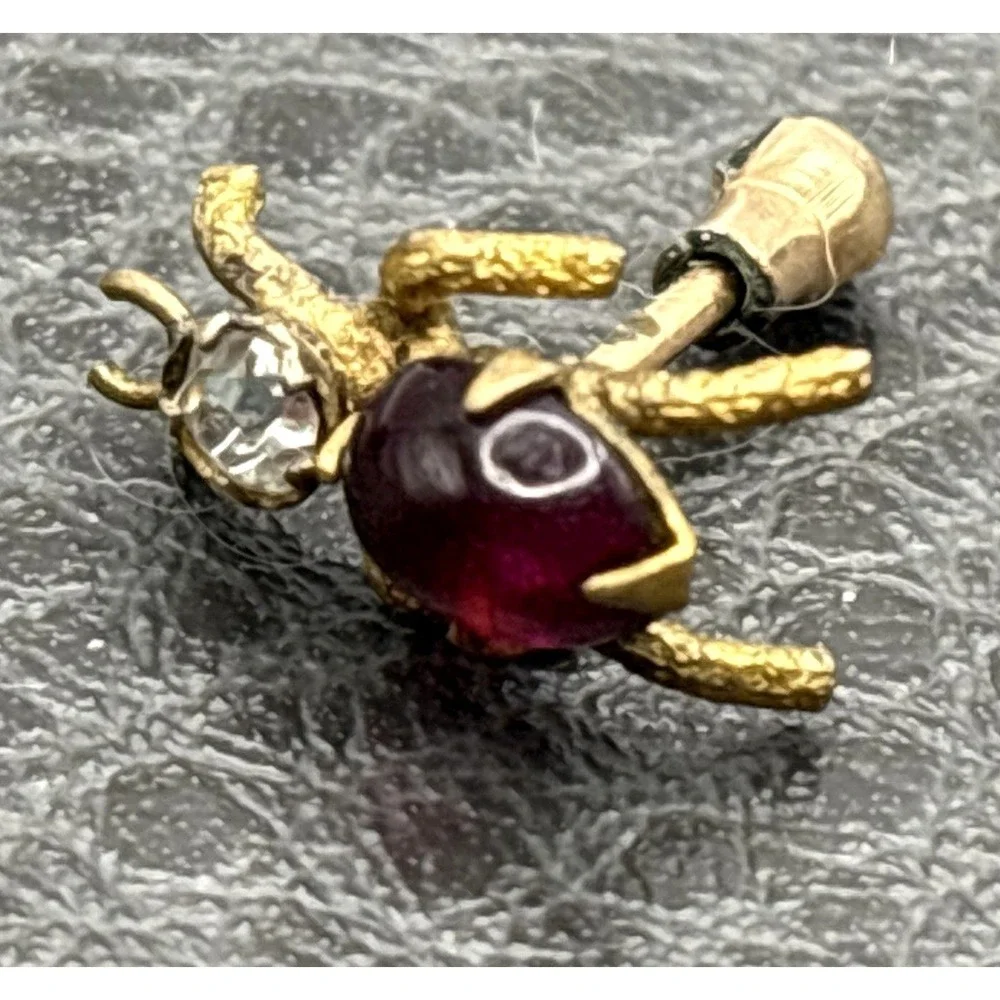 Vintage Victorian Tiny Beetle Bug Lapel Tie Tack Pin Red Cabochon Crystal